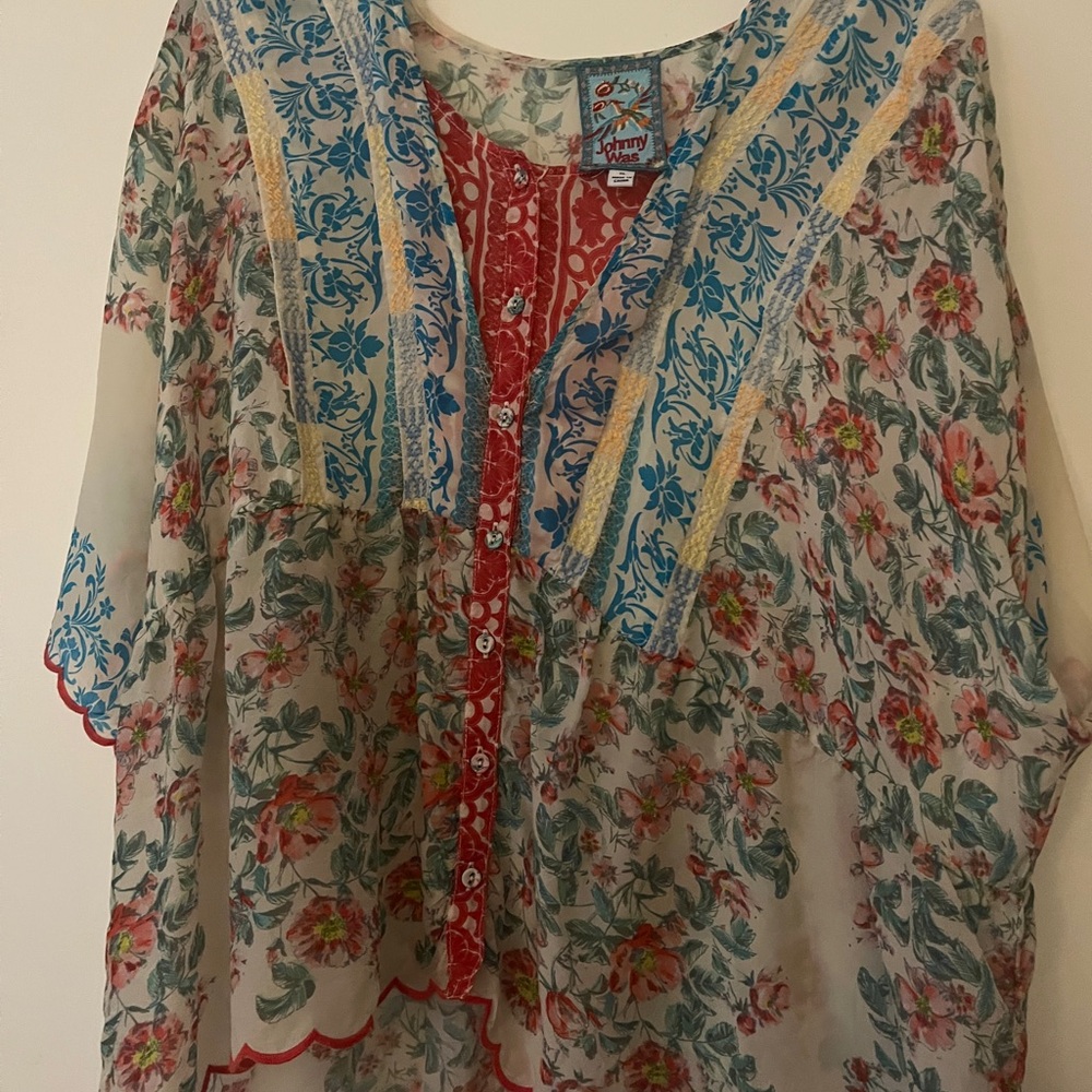 Johnny Was Floral Sheer Blouse in Blue and Red